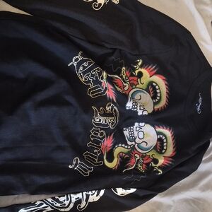 Ed Hardy Black Long Sleeve Tee with Multicolor Skull & Dragon Graphics